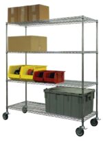 A metal shelving unit with four wheels maximizes warehouse efficiency by holding various items: cardboard boxes on the top shelf, colorful plastic bins with wheels on the middle shelves, and a large grey plastic storage container on the bottom.