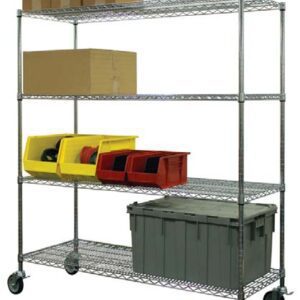 A metal shelving unit with four wheels maximizes warehouse efficiency by holding various items: cardboard boxes on the top shelf, colorful plastic bins with wheels on the middle shelves, and a large grey plastic storage container on the bottom.