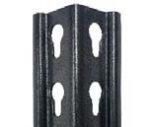 Close-up of a black metal T-post with a ribbed texture and holes along its length, typically used for fencing.