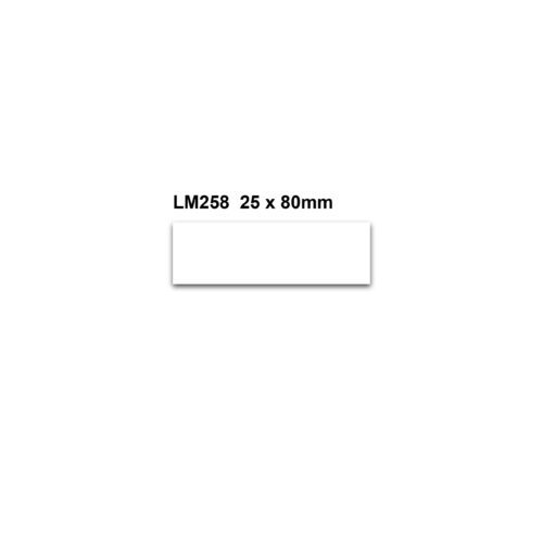 LM258.jpg A white rectangular LM258 25 x 80mm box is next to MH-USA Magnetic Easy Wipe Location Markers, white, size H.0.98 in. x W.3.15 in., pack of 100, on a pristine white background.