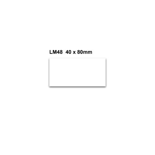 LM48.jpg On a white background, a white rectangular label with center shadow features text: MH-USA Magnetic Easy Wipe Location Markers - White - H.1.57 in. x W.3.15 in. Fits spaces for LM48 measurement and comes in a 100-pack.