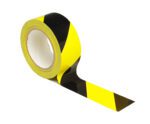 An unrolled MH-USA Floor Marking Tape, with bold black and yellow diagonal stripes, measures H.1.97 in. x W12.99 in.m and stands vertical against a plain white background.
