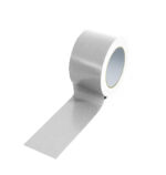 A roll of gray duct tape, similar to MH-USA Floor Marking Tape - H.2.95 in. x W12.99 in.m - White, is partially unrolled with its shiny surface standing vertically and the sticky side down, highlighting its moderate thickness and visible white core.