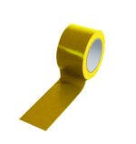 A partially unrolled roll of MH-USA Floor Marking Tape - H.2.95 in. x W12.99 in. - Yellow shows its reflective surface, with a smooth texture that stands out against the plain white background, reminiscent of shiny metallic gold tape.