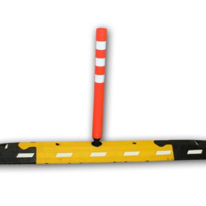 A yellow and black speed bump with reflective strips is paired with a TCT Replacement rebound post with vertical red and white stripes, set against a plain white background.