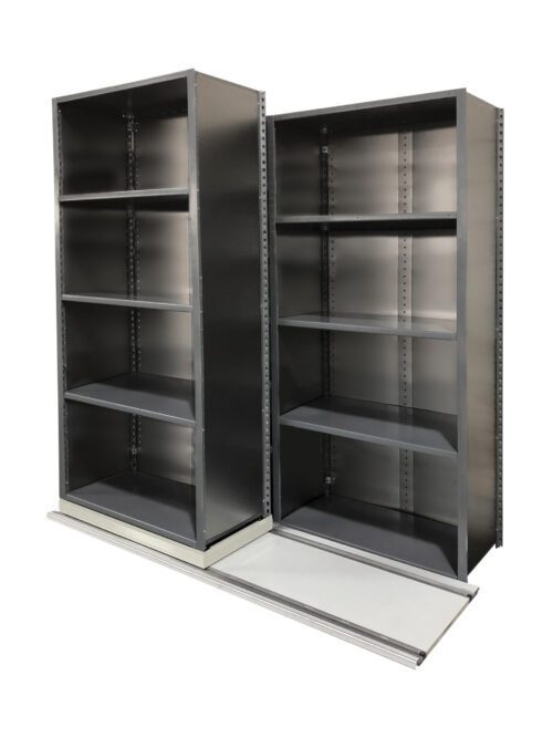 Two metal shelving units with several empty shelves stand side by side on a sliding track system, allowing for seamless movement. The crisp white background accentuates their sleek design, presenting a modern datum of organization and flexibility.