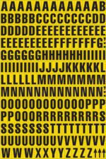 A grid of black capital letters on a yellow background, using MH-USA Magnetic Mixed Letters - H.0.91 in., starts with As and ends with Zs alphabetically.