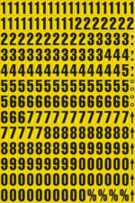 Bold black numbers and symbols with MH-USA Magnetic Mixed Numbers - H.0.91 in. - Yellow on a vibrant yellow background, with rows repeating digits from 1 to 0 and the last row displaying symbols like semicolon, right arrow, up arrow, and percent sign.