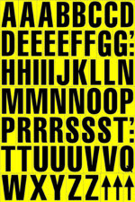 Bold black letters and directional arrows adorn a vivid yellow background, featuring MH-USA Magnetic Mixed Letters - H.1.69 in. This set includes multiple As through Zs alongside upwards arrows, creating a striking visual for any setting.