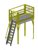 Illustration of an elevated industrial platform with a yellow railing and gray metal staircase, integrated seamlessly with conveyor systems. The structure stands on four yellow legs and features mesh paneling for enhanced safety.