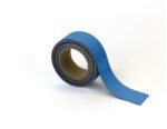 A roll of MH-USA Magnetic Easy-Wipe Strip in blue, featuring a shiny surface, is partially unwound against a white background. The brown cardboard core contrasts this versatile product measuring H.1.97 in. x W3.94 in.