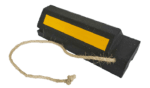 The TCT Military Wheel Chock - Double Sided Black w/ Rope Handle (20x9x5.5) is crafted from durable black rubber, includes a yellow reflective stripe and attached rope, and is perfect for securely anchoring vehicles.