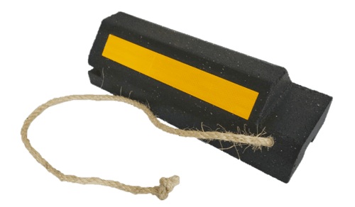 The TCT Military Wheel Chock - Double Sided Black w/ Rope Handle (20x9x5.5) is crafted from durable black rubber, includes a yellow reflective stripe and attached rope, and is perfect for securely anchoring vehicles.