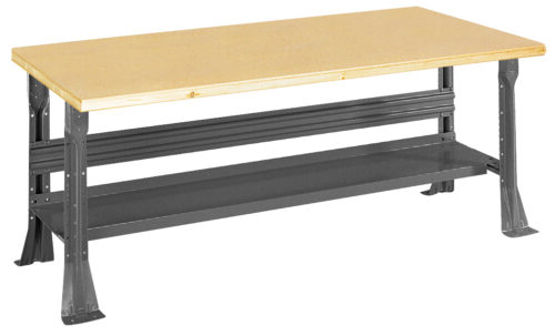 OPEN20LEG20WORKCENTER20230020Series20-20Bonded20Wood20top_Office20Gray.jpg A sturdy workbench with a wooden top and metal legs. It features a black metal shelf beneath the tabletop for additional storage. The design is simple and industrial, suitable for workshops or garages.