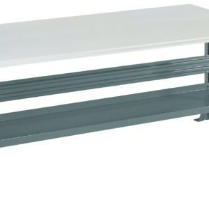 A sturdy workbench with a smooth white tabletop supported by robust gray metal legs. Below the tabletop is a metal brace for added stability and a lower shelf for storage, all in a minimalist industrial style.