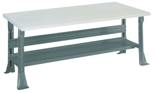 A sturdy workbench with a smooth white tabletop supported by robust gray metal legs. Below the tabletop is a metal brace for added stability and a lower shelf for storage, all in a minimalist industrial style.