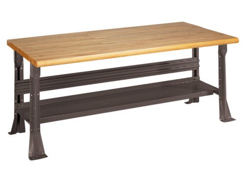 A sturdy workbench with a wooden tabletop and a dark metal frame. It has four legs and a lower shelf for additional storage. The table surface is smooth and rectangular, suitable for various projects or tasks.