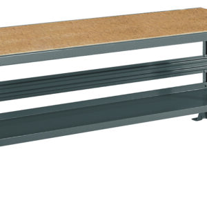 A sturdy workbench with a wooden top and metal frame. It features a lower shelf for additional storage. The legs have a flared design for stability. The bench is suitable for various workshop or garage tasks.