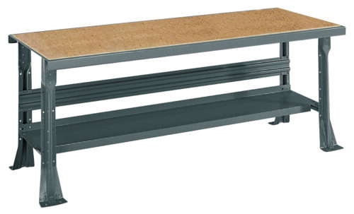 A sturdy workbench with a wooden top and metal frame. It features a lower shelf for additional storage. The legs have a flared design for stability. The bench is suitable for various workshop or garage tasks.