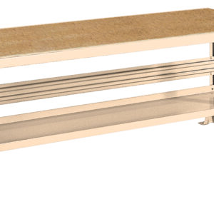 A beige workbench with a wooden top and a sturdy metal frame. It features a lower shelf for additional storage. The design is simple and functional, suitable for use in workshops or garages. The legs are reinforced for stability.