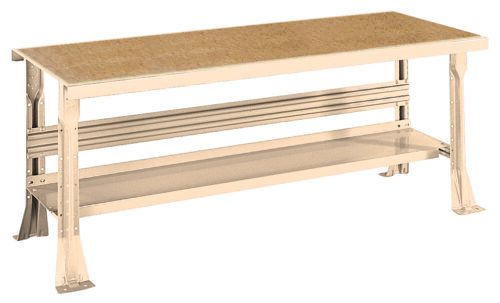OPEN20LEG20WORKCENTER20230020Series20-20Wood20with20metal20top_Putty.jpg A beige workbench with a wooden top and a sturdy metal frame. It features a lower shelf for additional storage. The design is simple and functional, suitable for use in workshops or garages. The legs are reinforced for stability.