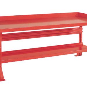 A red, sturdy metal workbench with a flat surface and raised edges. It features a lower shelf for additional storage, supported by four wide, solid legs.