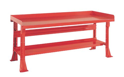 A red, sturdy metal workbench with a flat surface and raised edges. It features a lower shelf for additional storage, supported by four wide, solid legs.