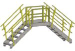 A 3D model of a gray metal platform features two sets of stairs and yellow railings, crafted as a Custom Catwalk System. Designed for industrial use, it ensures safe access to elevated areas.