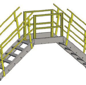 A 3D model of a gray metal platform features two sets of stairs and yellow railings, crafted as a Custom Catwalk System. Designed for industrial use, it ensures safe access to elevated areas.