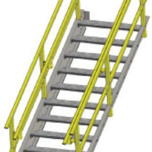 A 3D render of a metallic staircase with yellow railings on both sides. The staircase has ten steps and is designed to be freestanding or attached to a structure.