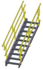 A 3D rendering of a metal staircase with yellow handrails on both sides. The staircase has open steps and is positioned at an angle, suggesting an industrial or construction setting.
