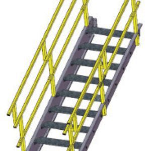 A 3D rendering of a metal staircase with yellow handrails on both sides. The staircase has open steps and is positioned at an angle, suggesting an industrial or construction setting.