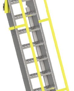 A gray industrial staircase with yellow handrails is depicted. The staircase leans at an angle and features perforated steps for grip. The yellow handrails extend vertically at the top for safety.