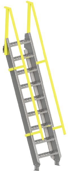 OSHAships.jpg A gray industrial staircase with yellow handrails is depicted. The staircase leans at an angle and features perforated steps for grip. The yellow handrails extend vertically at the top for safety.