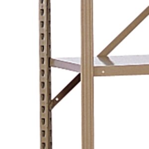 A tall, narrow metal shelving unit with multiple adjustable shelves, shown from an angle. The shelves are evenly spaced, and the unit is supported by vertical beams with crossbars for stability. The color is a light, neutral tone.