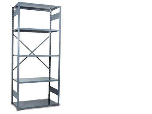 A tall, empty metal shelving unit with five shelves and cross-braced supports, designed for medical record file shelving, is placed against a plain white background.