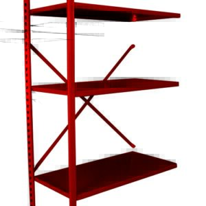 A red metal shelving unit with five shelves, supported by a vertical frame and crossbars for stability, viewed against a plain white background.