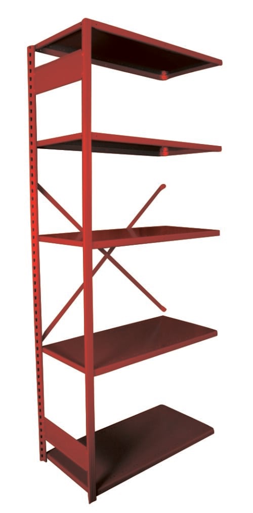 A red metal shelving unit with five shelves, supported by a vertical frame and crossbars for stability, viewed against a plain white background.