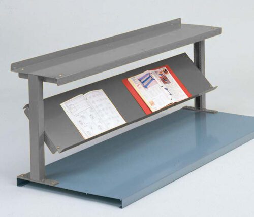 PRODUCTION20BOOSTER20-20220SHELVES_Office20Gray.jpg A gray metal bookstand with an angled shelf holding two open books. The stand has a flat top, sturdy legs, and is set on a blue base. The books appear to contain diagrams and illustrations.
