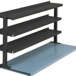 A black three-tier metal shelf rack with a blue base. The simple industrial design is shown against a white background.