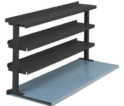 A black three-tier metal shelf rack with a blue base. The simple industrial design is shown against a white background.