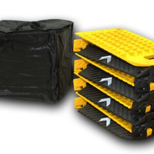 A set of four vertically stacked black and yellow traction boards with textured surfaces and carrying handles, plus a black bag, offer stability and convenience like the TCT Hinged Portable Speed Bump (8 sections, Black/Yellow, 118L x 9.75W x 1H) for versatile use.
