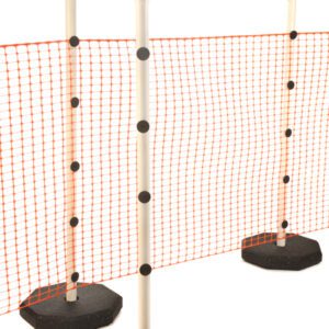 Three white poles, each supported by a robust 30 lbs. black circular base from TCT Quick Fence System - Five 30 Lbs. Bases, are linked by an orange plastic net, set against a plain white background.