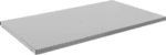 A rectangular, flat, gray metal shelf positioned at an angle, reminiscent of those found in medsafe cabinets. The shelf boasts a smooth surface with a few small bolt holes visible along the edges.