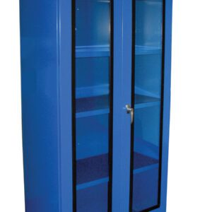 A tall, blue Hallowell storage cabinet with glass-paneled double doors and a silver handle. Inside, multiple shelves are visible through the glass. The freestanding cabinet is crafted from sturdy metal.