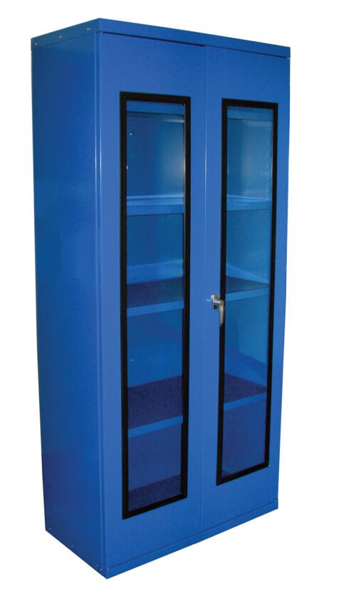 Quick20View20Cabinet.jpg A tall, blue Hallowell storage cabinet with glass-paneled double doors and a silver handle. Inside, multiple shelves are visible through the glass. The freestanding cabinet is crafted from sturdy metal.