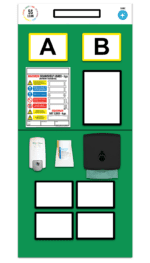 The MH-USA Double Marker Rack End Board 1, Sanitizing - Green, features A and B sections with a maximum load chart, hand sanitizer dispenser, microfiber cloth packet, black box, and four blank white rectangles. The top left showcases the 5S Lean symbol.