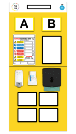 A vibrant yellow cleaning station board labeled A and B with a 5S Lean and Shine logo features the MH-USA Double Marker Rack End Board 1 for streamlined sanitizing, including a sanitizer dispenser, chart, cleaning cloth, packet, and four customizable blank squares.