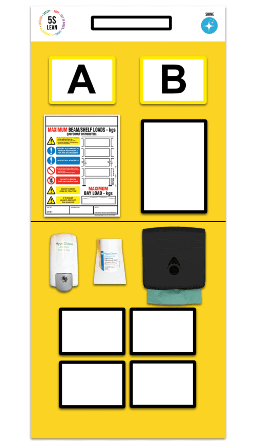 A vibrant yellow cleaning station board labeled A and B with a 5S Lean and Shine logo features the MH-USA Double Marker Rack End Board 1 for streamlined sanitizing, including a sanitizer dispenser, chart, cleaning cloth, packet, and four customizable blank squares.