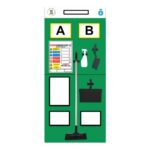 Green cleaning station board with spaces labeled A and B. It holds a broom, a spray bottle, a squeegee, labels for tools or supplies, and a safety instruction sheet.